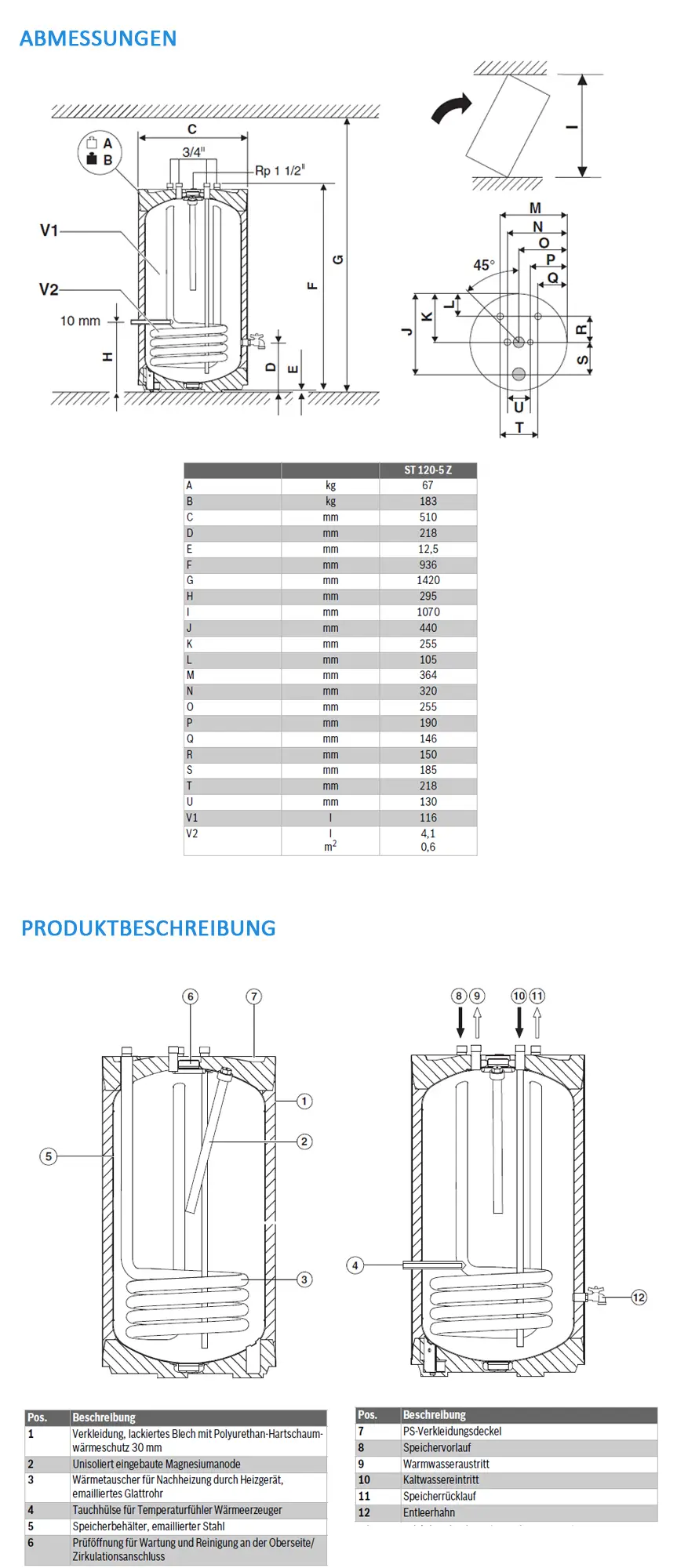 Junkers Warmwasserspeicher in zylindrischer Form, ausgestattet mit emailliertem Stahlbehälter, zeigt schematische Darstellung und Maße. Von Bosch für effiziente Warmwasserbereitung.